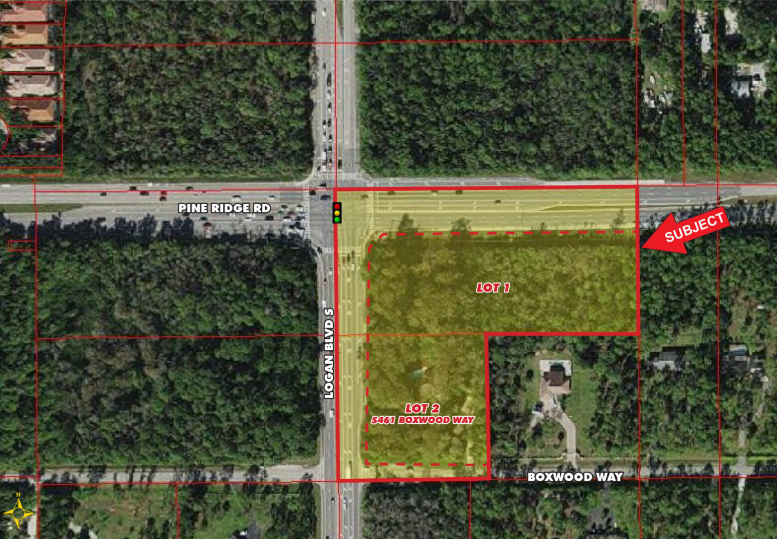 Aerial map of highlighted lots at intersection